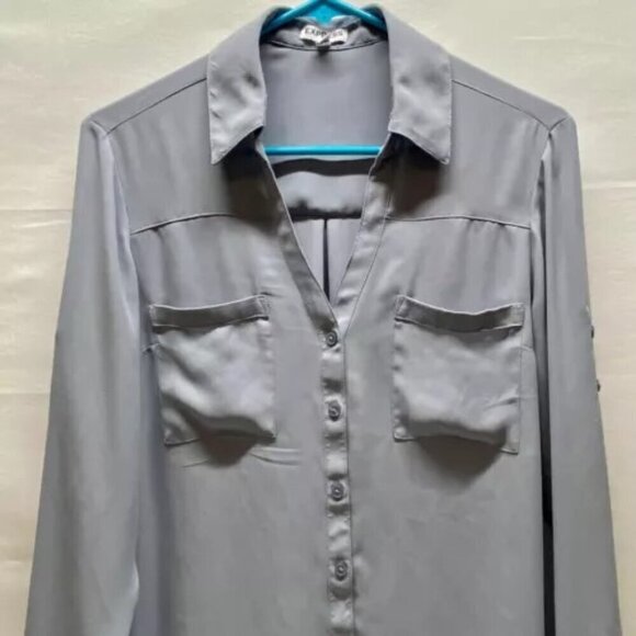 Express Button Up Women's Medium Steel Blue Grey Silky Lightweight Pockets EUC - Picture 2 of 9